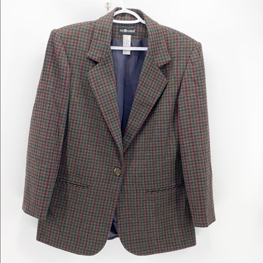 Vintage sag harbor boxy blazer wool oversized micro plaid academia size 10